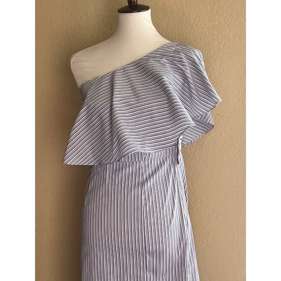 BAR III $80 Blue Striped Ruffled Slitted Dress One Shoulder Cotton Size S - Picture 10 of 10